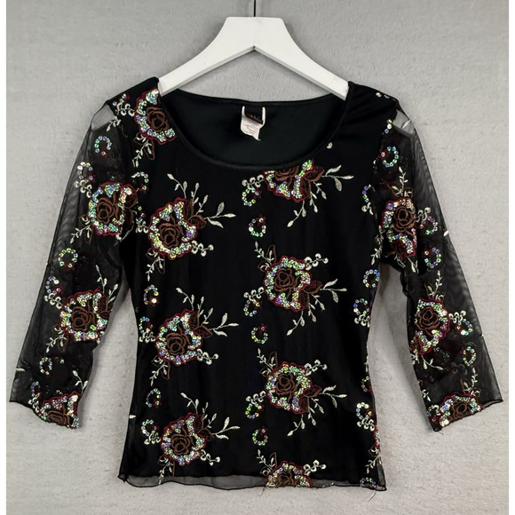 Wrapper Tops - Y2K Wrapper Embroidered Sequin Mesh Top Sz L Black Fairy Grunge Whimsygoth